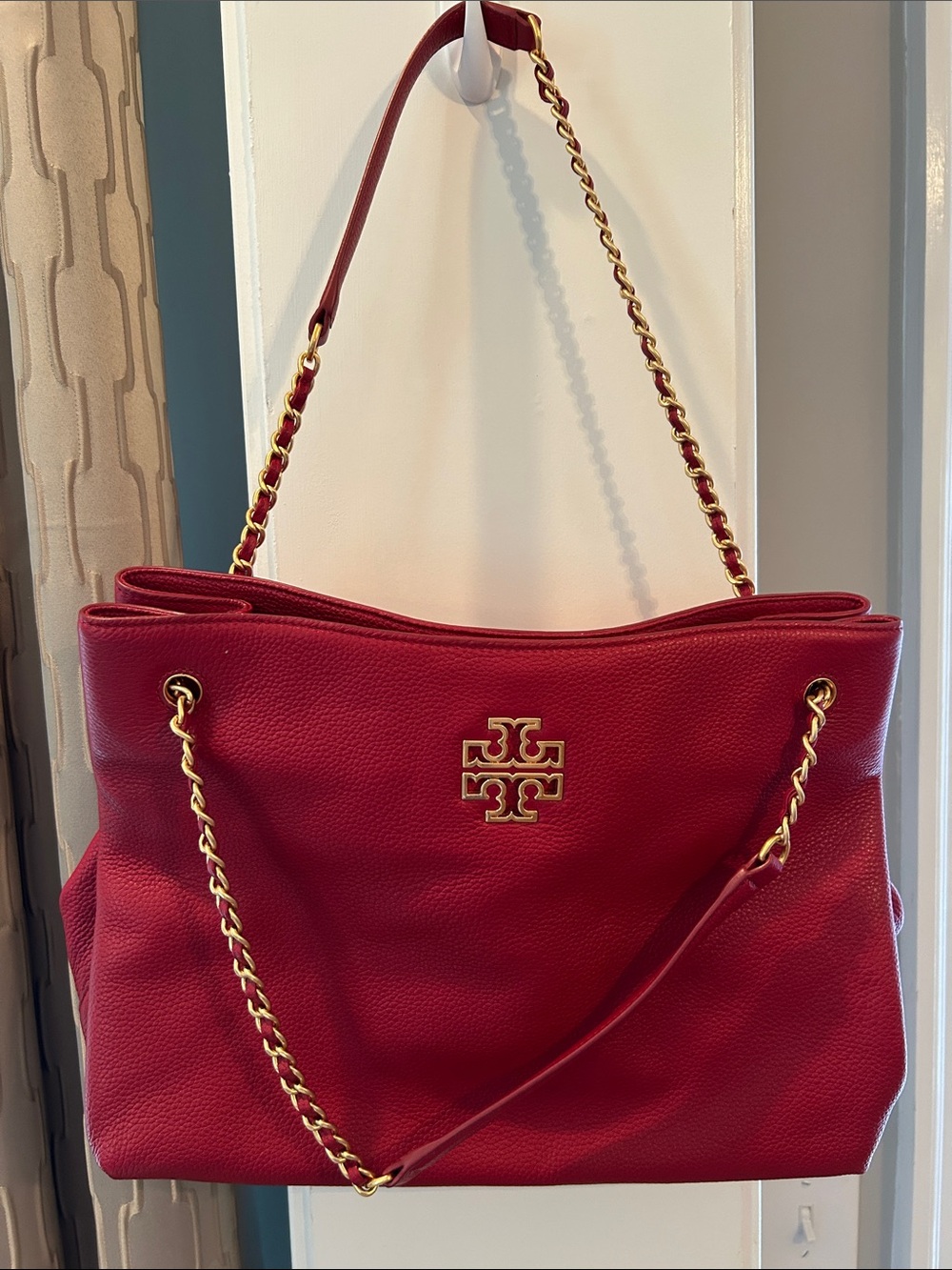 Tory Burch Red Pebbled Leather Chain-Shoulder Tote Bag